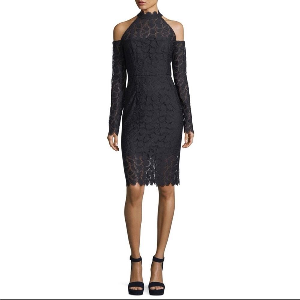 MILLY Mira Cold-Shoulder‎ Lace Sheath Cocktail Dress Sz 12 black lbd